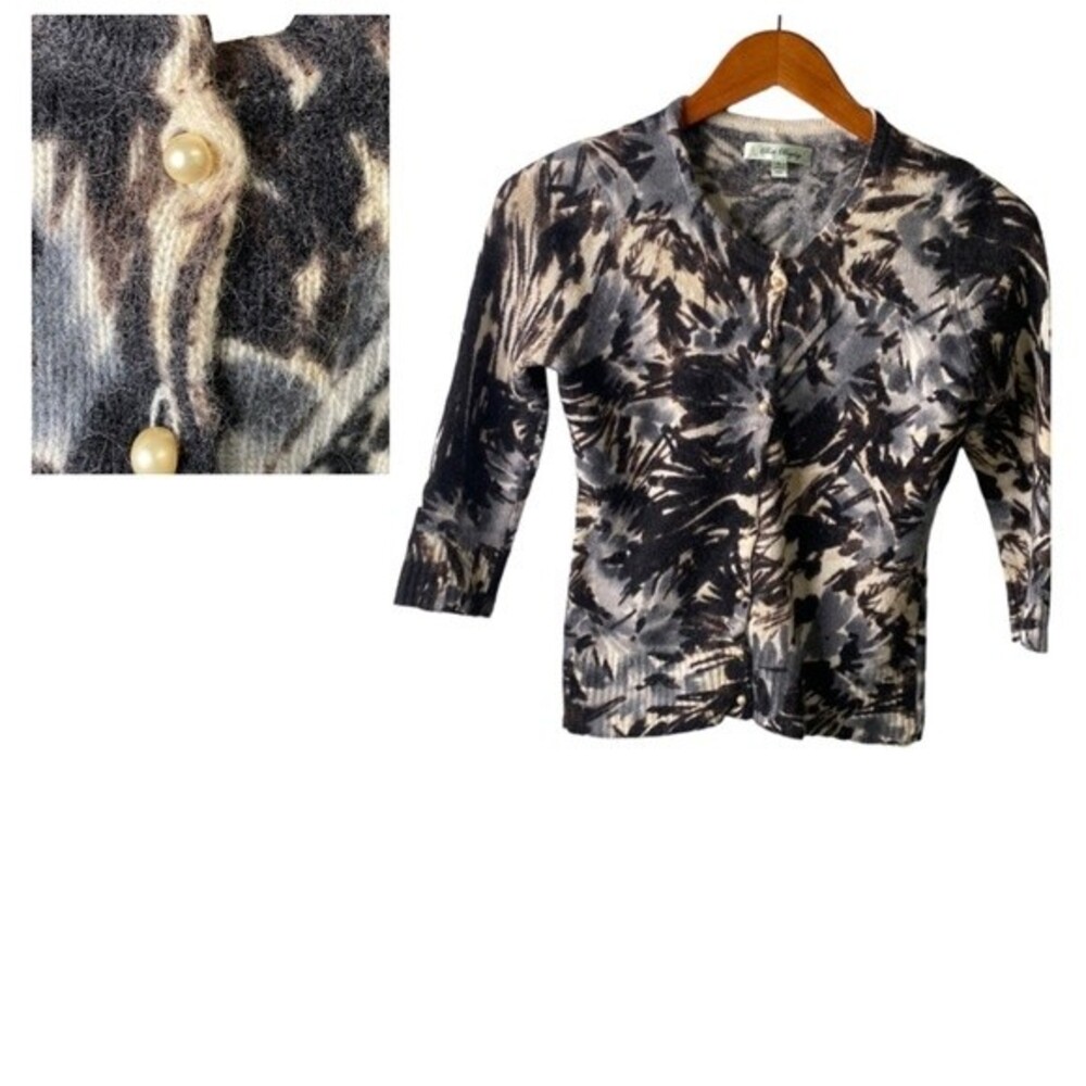 Beth Bowley Nordstrom Floral Watercolor Pearl Button Cardigan Lambs Wool Angora